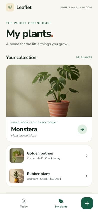 Leaflet My plants screen showing a collection of demo houseplants