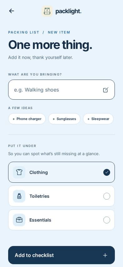 Packlight Add an item design
