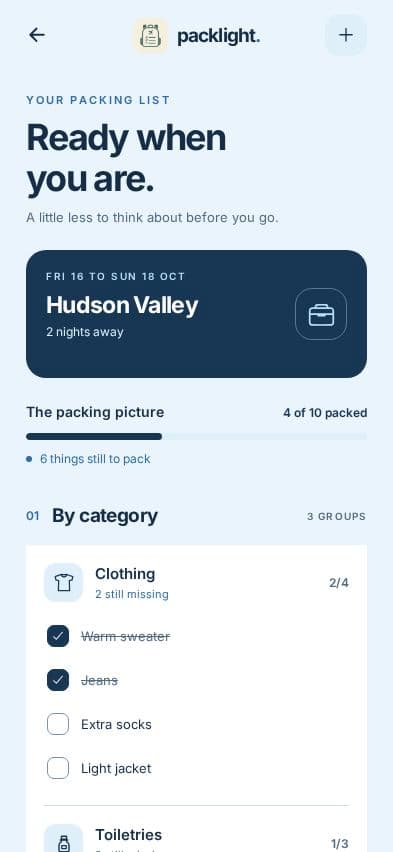 Packlight checklist with a packing progress bar and clothing items