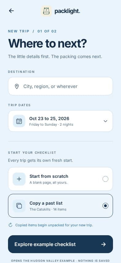 Packlight new-trip setup screen with destination and date fields