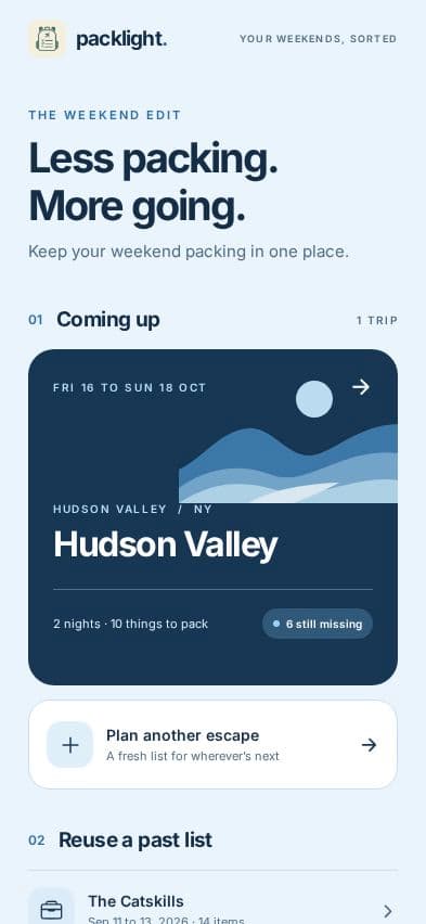 Packlight My trips design with sample trips