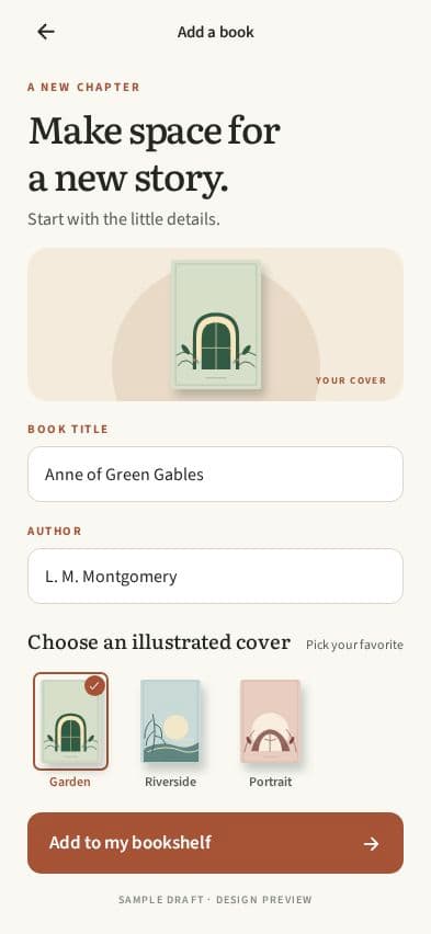Chapter Add a book form with title, author and illustrated cover choices