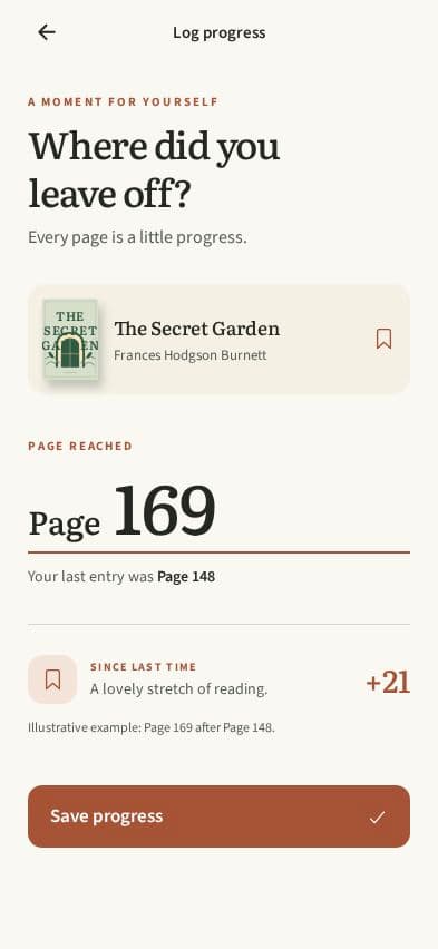 Chapter Log progress screen showing page 169 and a previous entry of page 148