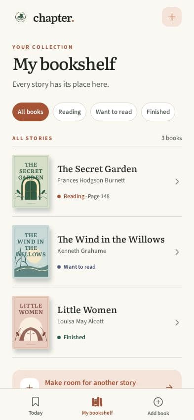 Chapter bookshelf design with reading status